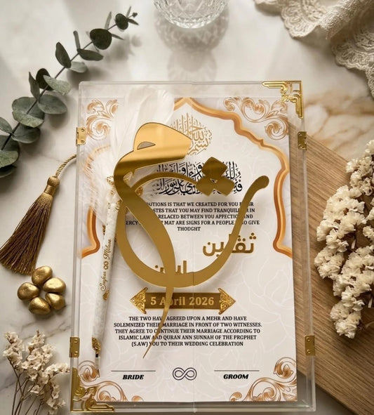 Acrylic Nikkah box With Nikkah Certificate & Nikkah pen, elegant box style gold acrylic work