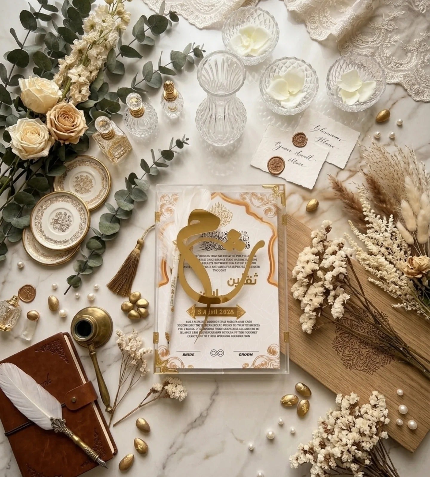 Acrylic Nikkah box With Nikkah Certificate & Nikkah pen, elegant box style gold acrylic work