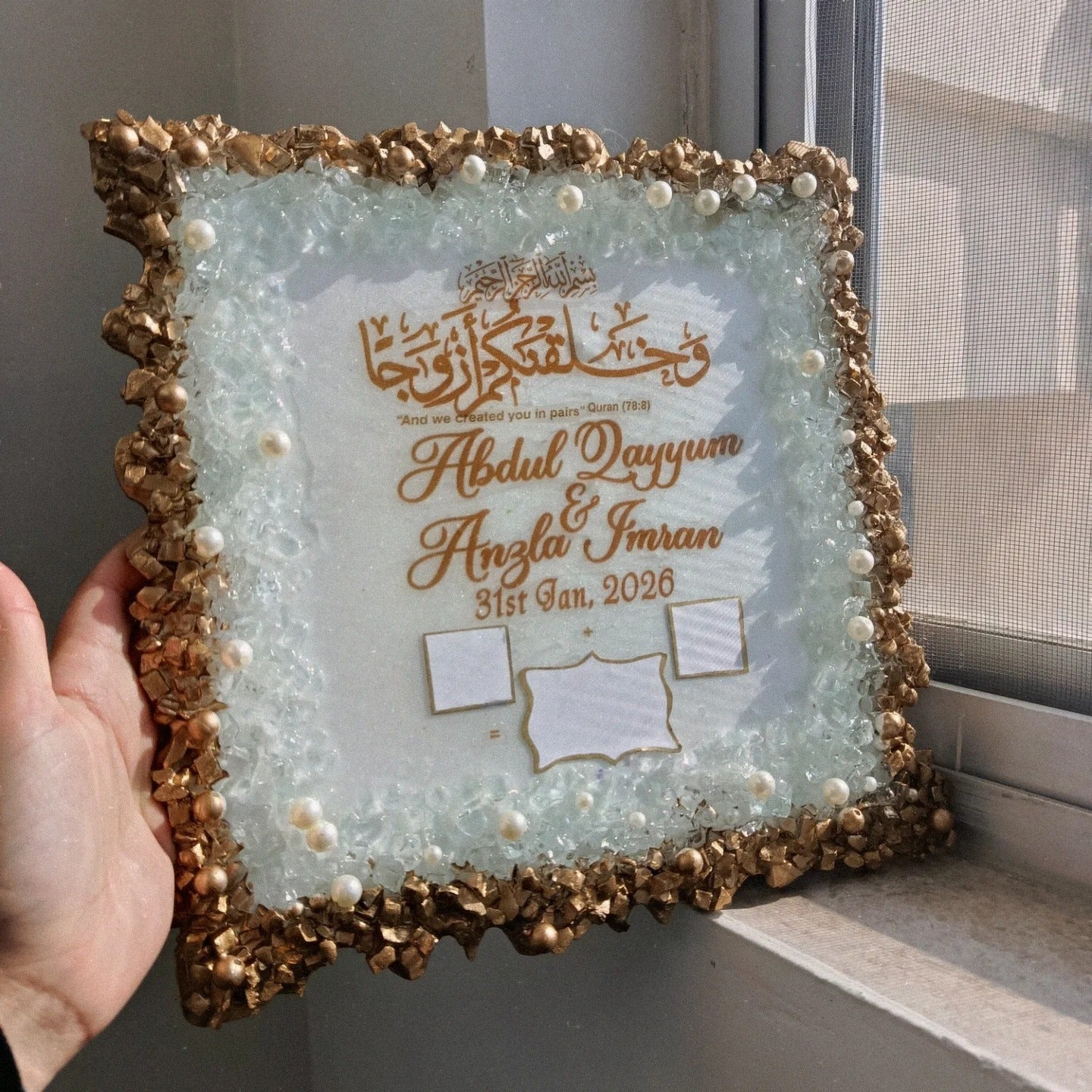 Square Glass & Pearls work Nikkah Anniversary, BAAT PAKI Frame 💕