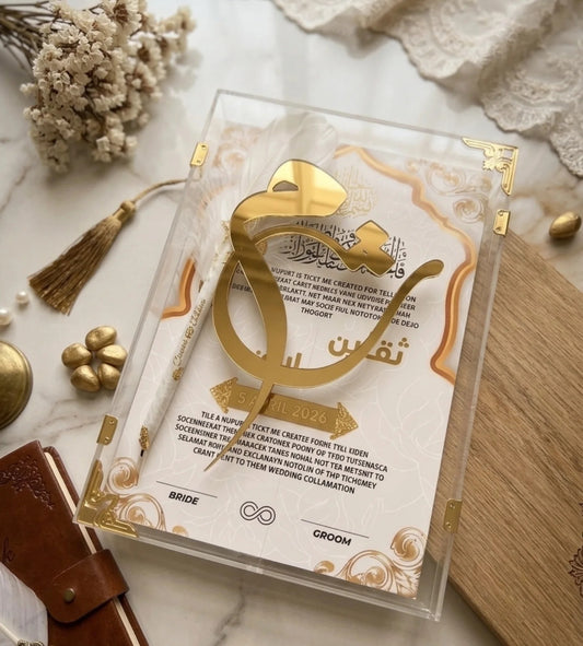 Acrylic Nikkah box With Nikkah Certificate & Nikkah pen, elegant box style gold acrylic work